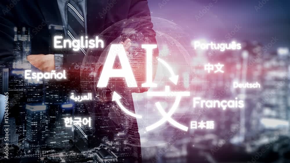 Poster global communication with multiple languages, digital translation tools, multilingual technology, cr
