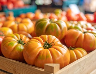 Ripe tomatoes in a wooden crate