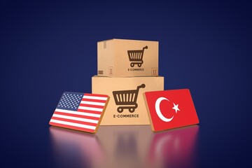 Global E-commerce: A conceptual image with cardboard boxes displaying shopping carts and flag of two countries, symbolizing international trade and online shopping.