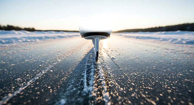 Close up of a skate blade on a frozen lake in the golden hour sun casting sparkling ice crystals and frosty textures during winter. - Powered by Adobe