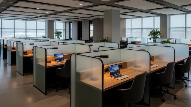 Clean and stylish airport lounge interior with rows of semienclosed work pods designed to provide comfort and distractionfree zones for professional tasks.