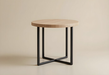 Fototapeta premium Modern Round Wooden Table with Metal Base Light Wood Top, Black X-Leg Frame, Minimalist Design 