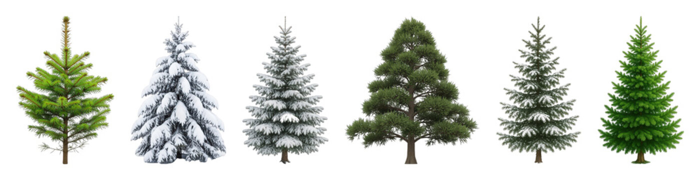 Evergreen tree set including various green, snow-covered, and conifer types isolated. Winter forest landscape elements.
