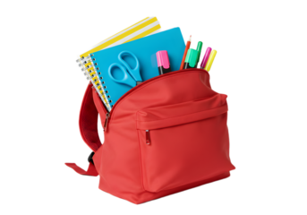 Red backpack filled with school supplies, notebooks, scissors, pens, and markers, ready for education and learning