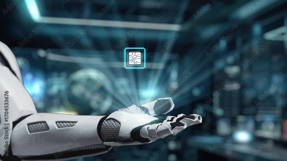 Aufkleber a futuristic robotic hand holds a digital microchip surrounded by a network of circuitry, symbolizin