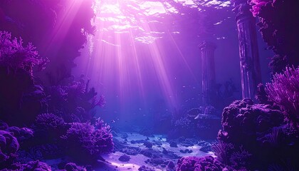 Underwater coral cavern bathed in vibrant light