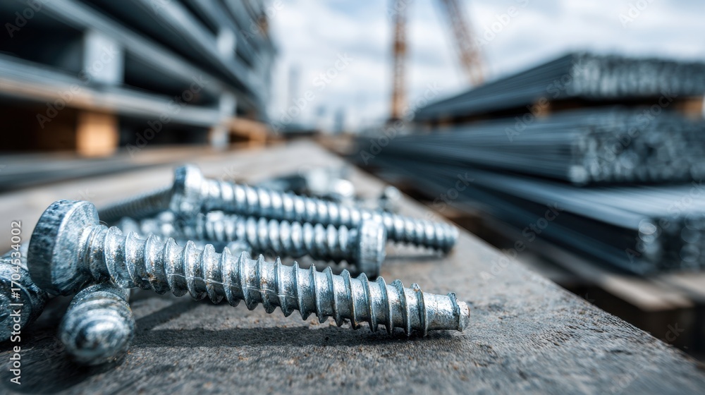 Poster medium shot of galvanized screws in sharp focus with blurred background showing large pallets ready 