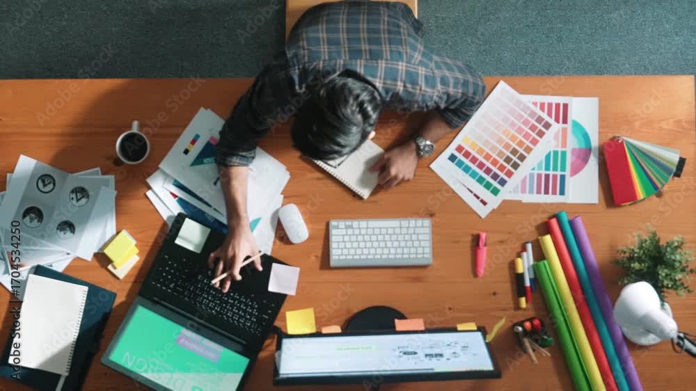 Poster top view of smart businessman hand choosing color palettes while designing logo graphic. aerial view