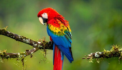 Vividly colored macaw perched on a moss-covered branch, looking downwards against a blurred green backdrop