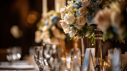 Elegant floral arrangements adorn a table setting.
