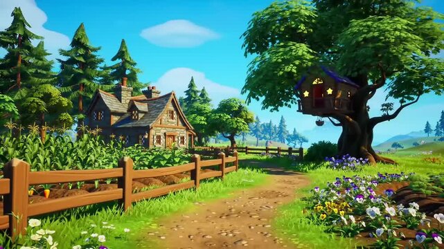 Cartoon style rural landscape