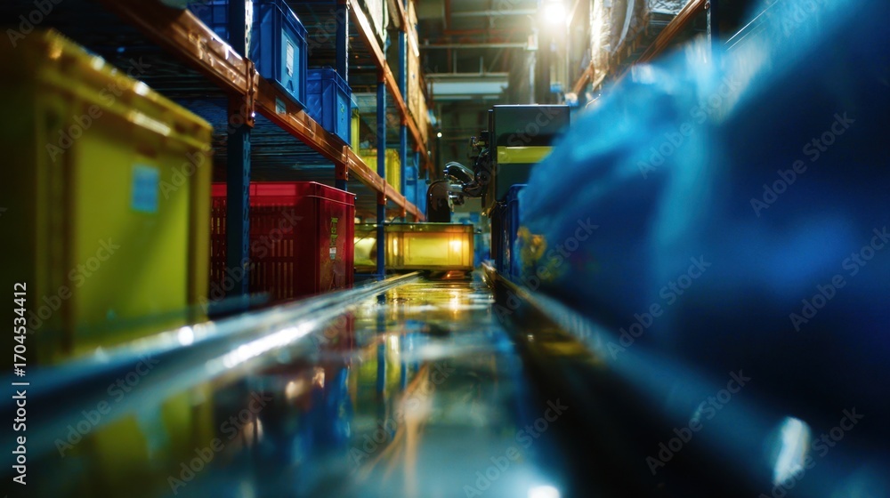 Poster medium shot capturing a robot retrieving items from storage bins with clear detail on the robotic me
