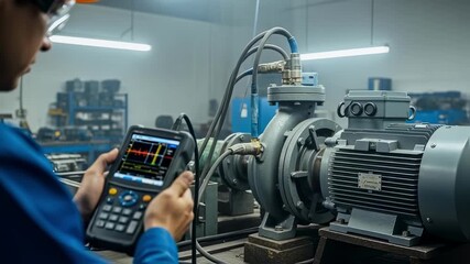 Industrial technician analyzing vibration patterns via a digital analyzer while the pump motor rotates steadily in a power plant workshop. - Powered by Adobe