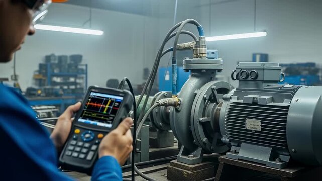 Industrial technician analyzing vibration patterns via a digital analyzer while the pump motor rotates steadily in a power plant workshop.