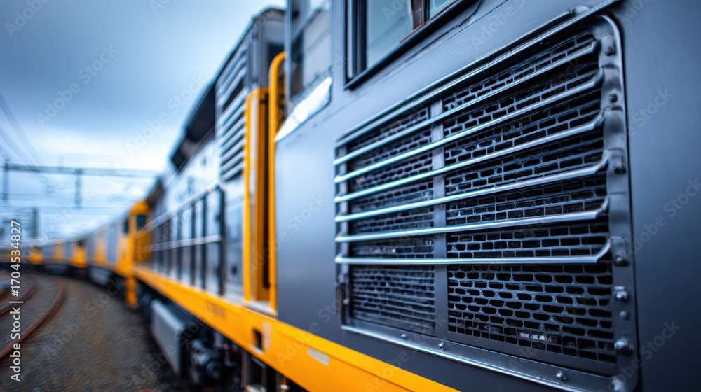 Poster closeup medium shot of cuttingedge energyefficient rail engine design highlighting advanced ventilat
