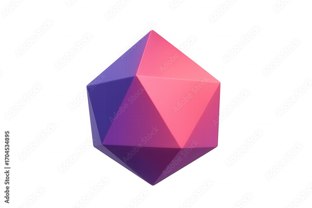 Poster 3d icosahedron rotating with purple and pink gradient color scheme on transparent background, perfec
