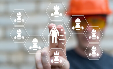 Engineer using virtual touch screen presses button of elderly person with circuit symbolizing: LEGACY SYSTEM. Legacy System Industry Technology Interoperability Modernization concept.