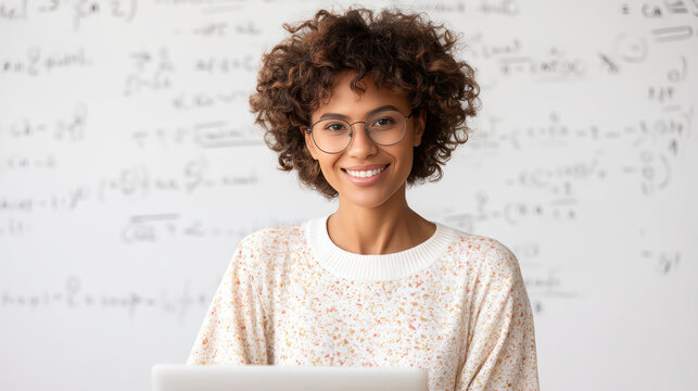 A smiling woman with curly hair and glasses sits at a laptop, surrounded by mathematical equations on a whiteboard.