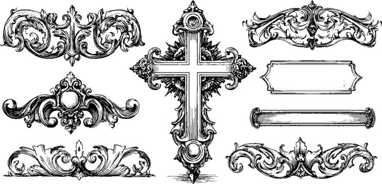 Ornate byzantine mosaic inspired decorative borders and elements in engraving style