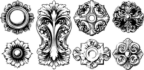 Ornamental egyptian sun disk designs in engraving style for decorative use