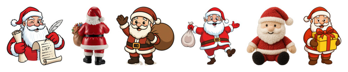 Santa Claus set including cartoon, illustrated, and plush figures in various poses isolated. Christmas holiday collection.