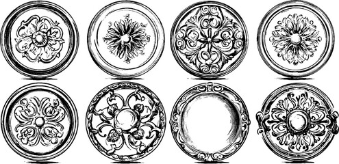 Ornamental egyptian sun disk designs in engraving style for decorative use