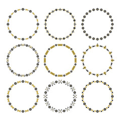 Cute trendy empty and blank black and golden lovely beautiful circle floral border pattern emblems icons design elements set on white background