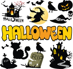 Halloween Vector Set with Witch Haunted House and Spooky Elements