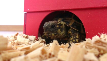Turtle peeking from its cozy red house in a habitat