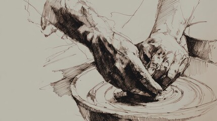 Hands shaping clay on pottery wheel
