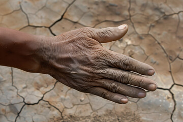 Fototapeta premium Weathered Hand Over Dry, Cracked Earth Representing Drought