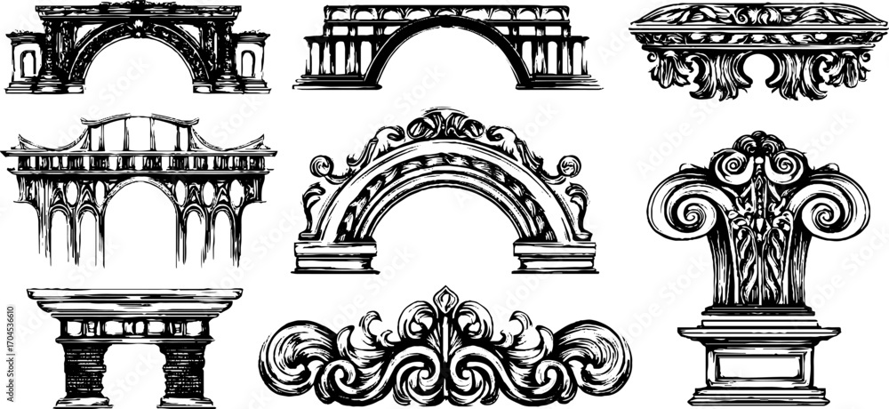 Poster decorative engraving style set of roman stone arches and columns design for architecture