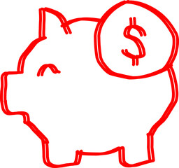 Hand-drawn red doodle of a piggy bank with a dollar coin, symbolizing money saving, finance, investment, budget, and wealth management. Perfect for business and economy themes.