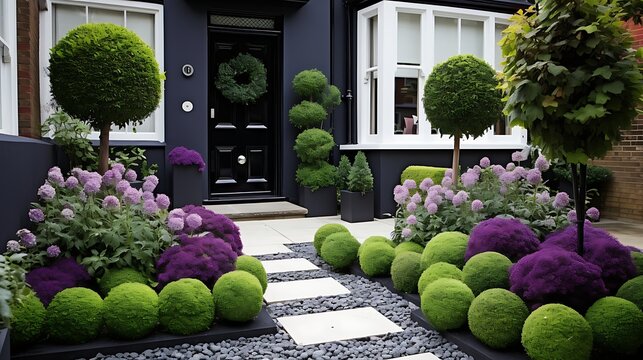 Exquisite urban garden showcasing neatly trimmed greenery and vibrant purple flowers near a - Powered by Adobe
