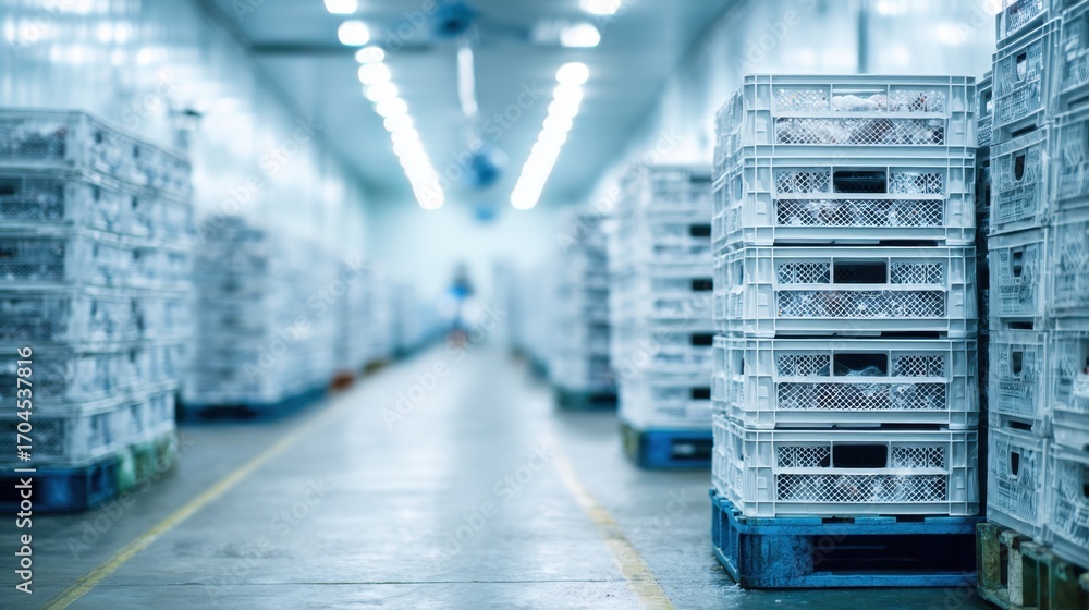Poster medium shot of a large cold storage room with rows of poultry crates stacked main focus on cooled co