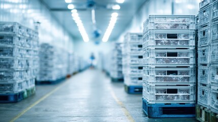 Medium shot of a large cold storage room with rows of poultry crates stacked main focus on cooled containers blurry background emphasizing spacious environment.