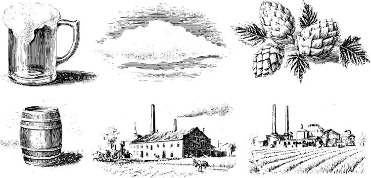 Vintage beer brewing elements: mug, hops, barrel, and brewery scenes for design and print