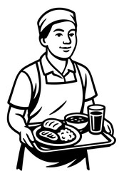 Canteen worker serving food and drinks in a dining area