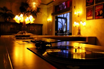 vinyl record player in a hotel lobby
