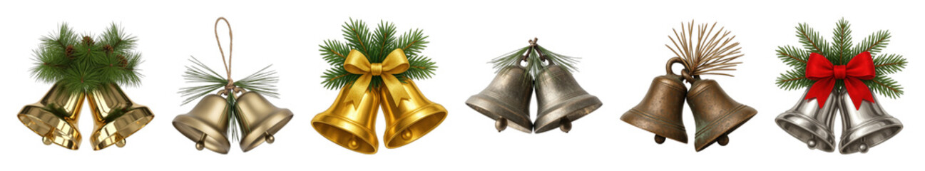 Christmas bells set including gold, silver, bronze, and antique styles, adorned with fir, pine cones, and bows isolated. Holiday season and festive decoration.
