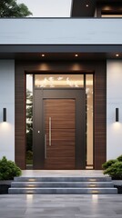 Modern architecture showcasing a stylish entrance with illuminated pathway and sleek design