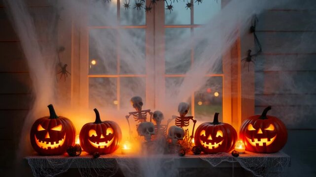 Festive decor of the house on the windowsill for Halloween - pumpkins, Jack o lanterns, skulls, cobwebs, spiders, skeletons, candles and a garland - a cozy and terrible mood
