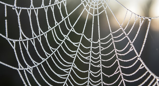 Close up macro of delicate frost covered spider web glistening in soft natural light