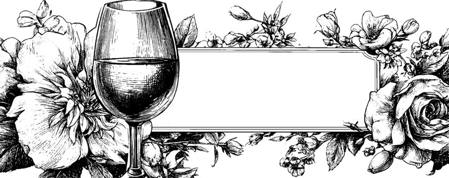 Ornamental vintage frame with floral elements and wine glass for design