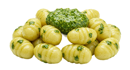 Gnocchi Piles with Green Pesto Sauce on Yellow Background