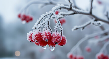 Close up of red rowan berries covered in frost and ice droplets hanging from a branch during winter in a soft focus background