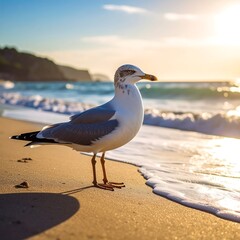 Seagull Standing on Sandy Beach at Sunset by Waves