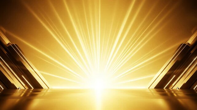 A golden light rays background as an epic seamless loop. A glamorous Art Deco-style stage is lit by a bright, shining light. Ideal for a Hollywood awards show or a corporate event opener.
