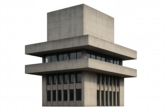 Brutalist concrete structure revealing angular lines, minimalist architectural form against clean white backdrop