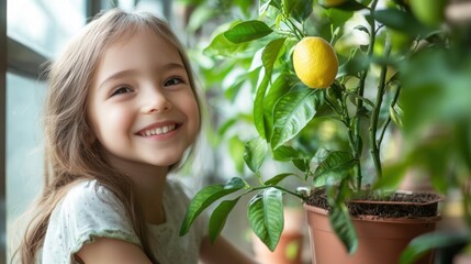 Happy Young Girl Smiling Beside Lemon Tree with Fruit